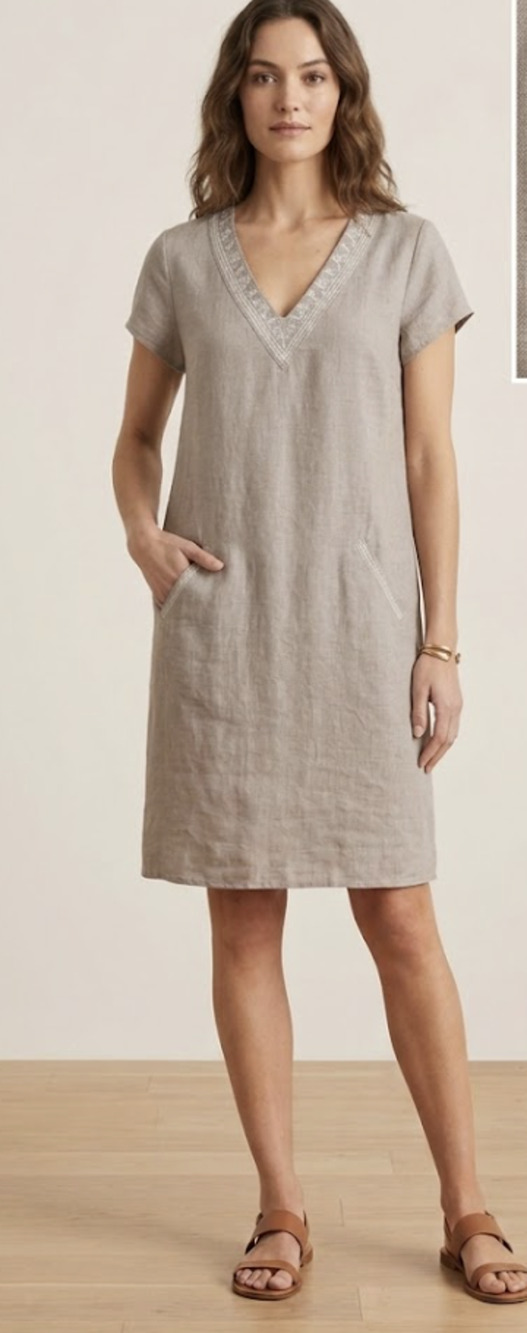 Garnet Hill Dress Womens 10 Beige Linen Embroidered V Neck Shift Pockets Casual - Picture 1 of 9